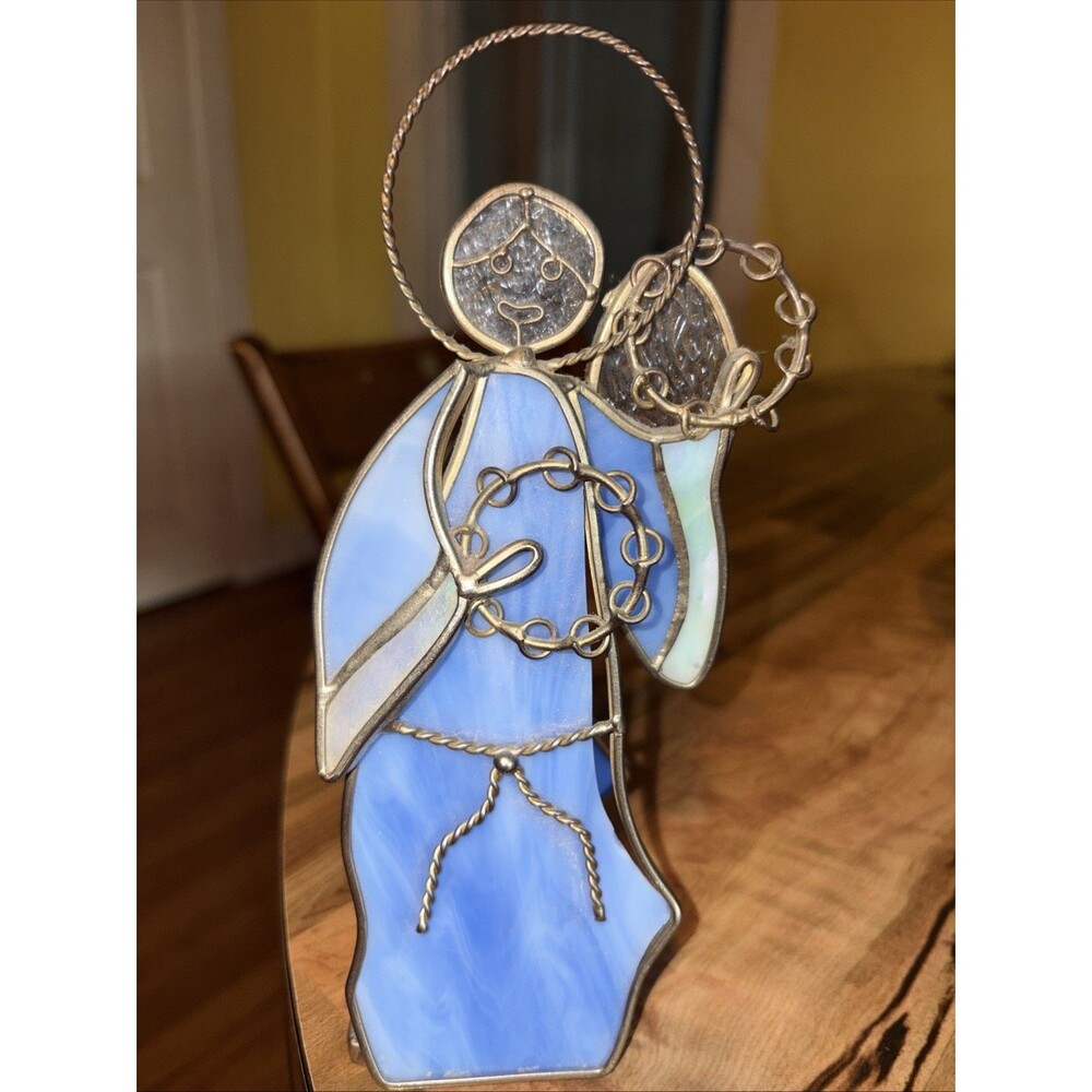 Vintage Stained Glass Angels Playing Tambourines Blue Shelf Decor Christmas